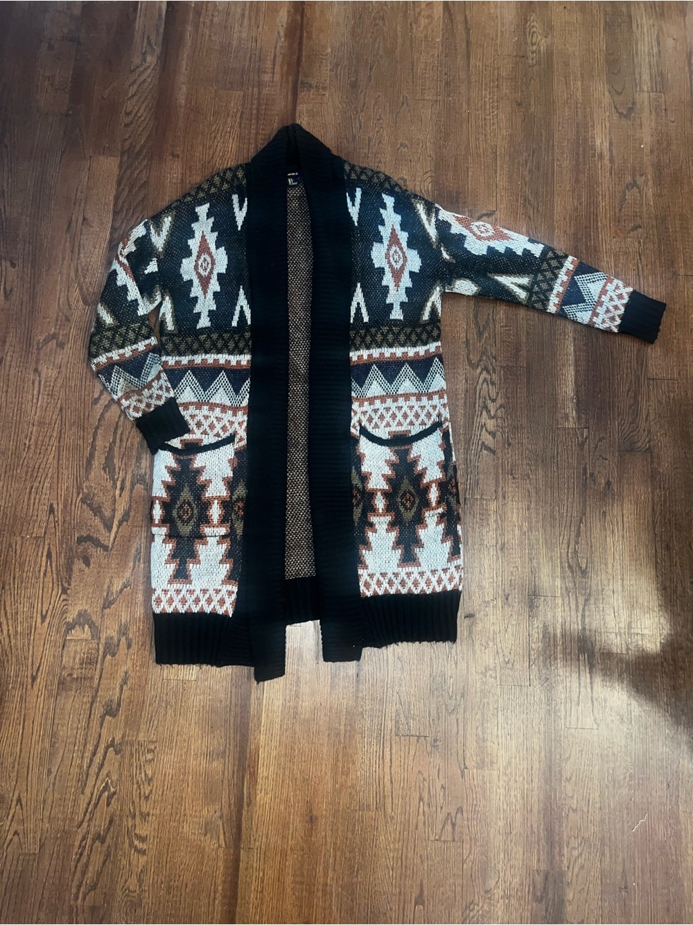 Black Tribal Pattern Open-Front Sweater Cardigan
